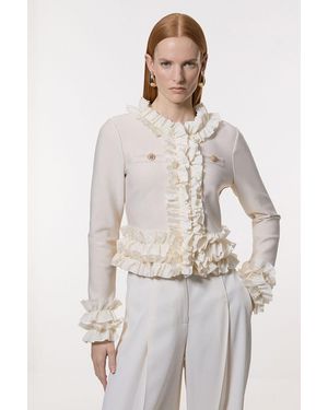 Karen Millen Tall Figure Form Bandage Knit Jacket With Woven Ruffle Trim - Natural