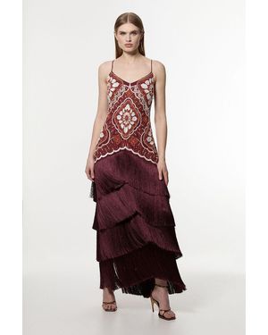 Karen Millen Embellished Fringe Strappy Woven Maxi Dress - Red