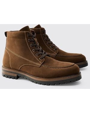 BoohooMAN Faux Suede Contrast Stitching Lace Up Boot - Brown