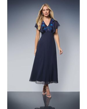 Wallis Petite Embellished Floral Angel Sleeve Midi Dress - Blue