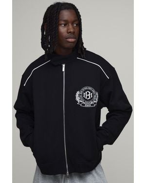 BoohooMAN Boxy Fit Biker Neck Colour Block Moto Jersey Jacket - Black