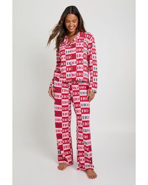 Boohoo Modal Christmas Slogan Print Long Sleeve Shirt And Trouser Pyjama Set - Red