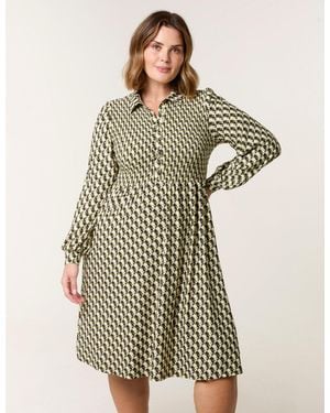 Blue Vanilla Curve Shirred Geometric Mini Shirt Dress - Green
