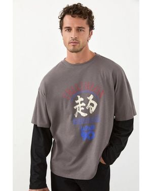 Grimelange Oversized Crew Neck Printed T-Shirt - Grey