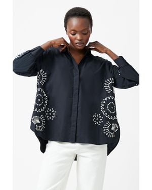 French Connection Cotton Oversized High-Low Embroidered Button-Up Shirt - Black