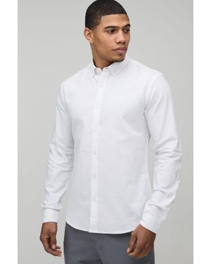 BoohooMAN Slim Fit Button Down Collar Oxford Long Sleeve Shirt - White
