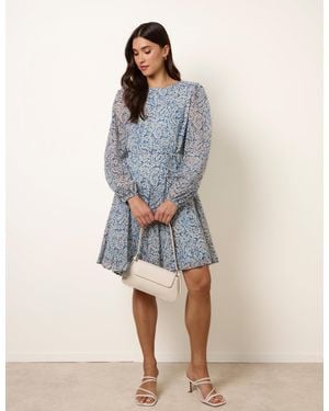 Blue Vanilla Puff Sleeve Godet Dress With Self Tie - Blue