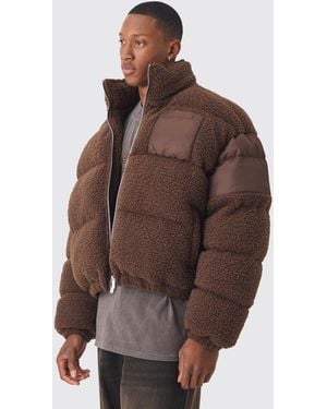 BoohooMAN Borg & Nylon Funnel Neck Puffer In Chocolate - Brown