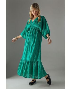Warehouse Broderie Plunge Neck Volume Sleeve Smock Midi Dress - Green