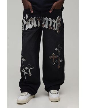 BoohooMAN Cow Applique Relaxed Fit Jeans - Black