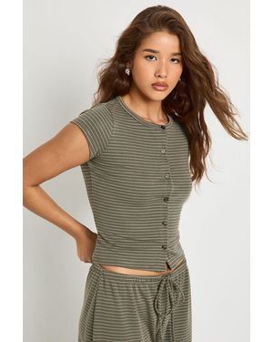Boohoo Stripe Button Through Cap Sleeve Top - Green