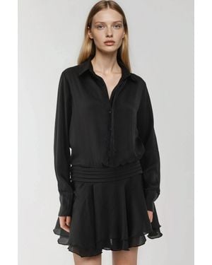 Hiccup Ruffle Drape Long Sleeve Mini Dress With Shirt Collar - Black