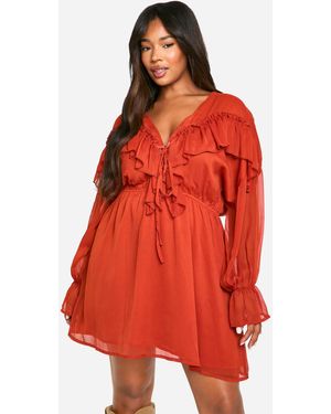 Boohoo Plus Chiffon Ruffle Skater Dress - Red