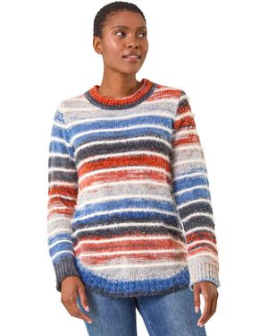 Roman Fluffy Striped Curve Hem Jumper - Red