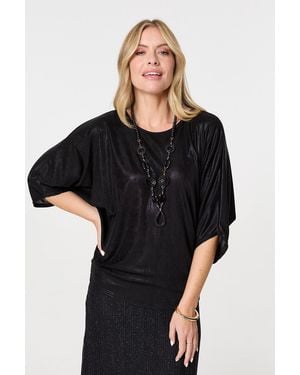 Izabel London Metallic 3/4 Batwing Sleeve Top - Black
