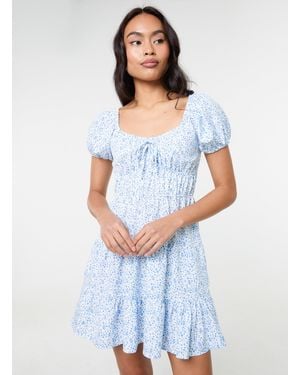 Pink Vanilla Puff Sleeve Printed Ditsy Mini Dress - White
