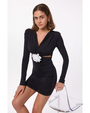 Hiccup Ruched V-Neck Mini Dress With Side Cut-Out And Flower Detail - Black