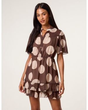 Blue Vanilla Polka Dot Button Up Double Frill Short Sleeve Dress - Brown