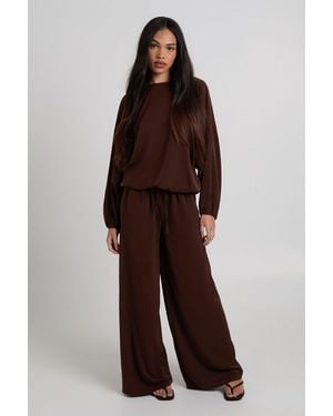 Boohoo Woven Crepe Balloon Top And Wide Leg Trouser Co-Ord - Brown