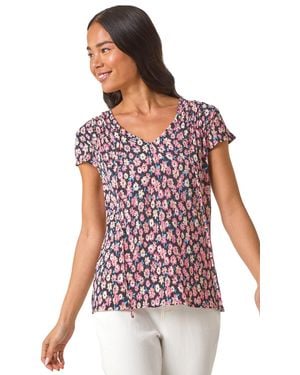 Roman Petite Floral Print Crinkle V-Neck Top - Pink
