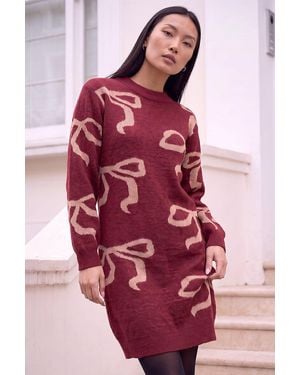 Roman Bow Knitted Jumper Dress - Red