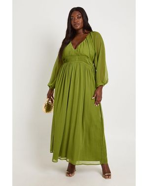 Boohoo Plus Chiffon Ruched Blouson Sleeve Maxi Dress - Green