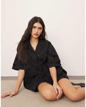 ARRANGE Cotton Cutwork Embroidered Short Sleeve Tie Front Shirt Co-Ord - Black
