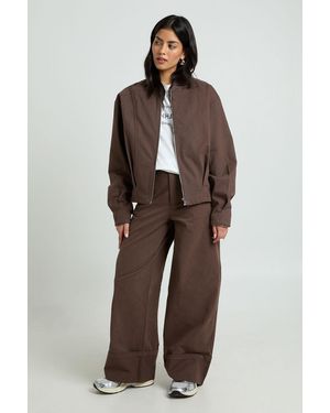 Boohoo Turn Up Hem Twill Wide Leg Trousers - Brown
