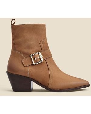 Sosandar Taupe Leather Buckle Detail Western Ankle Boots - Natural