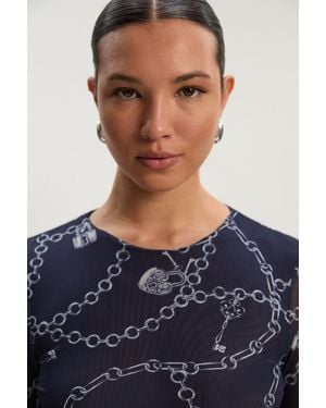 Karen Millen Long Sleeved Chain Print Mesh Bodysuit - Blue