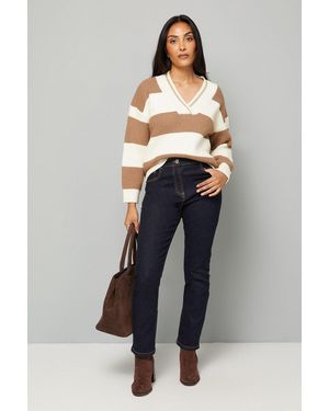 Wallis Petite Camel And Ivory Relaxed Stripe Cricket Jumper - Blue