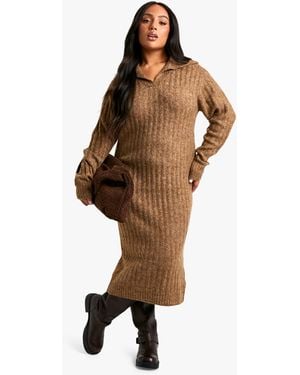 Boohoo Plus Soft Knit Thick Rib Collar Detail Maxi Dress - Brown