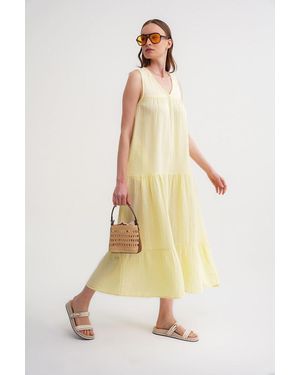 MixRay Sleeveless V-Neck Muslin Midi Dress With Pockets - Yellow