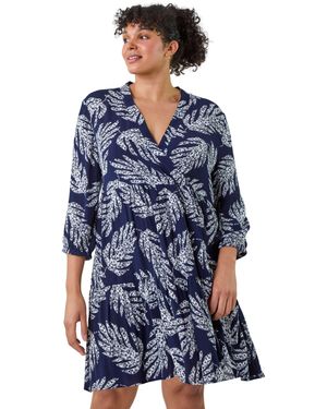 Roman Curve Leaf Print Wrap Smock Dress - Blue
