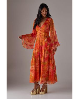 Warehouse Chiffon Bohemian Button Through Maxi Dress - Red
