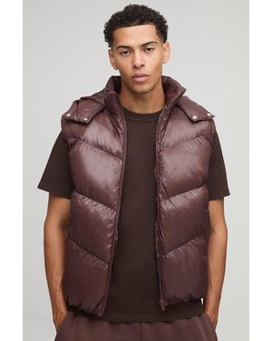 BoohooMAN Regular Fit Sheen Panelled Hooded Funnel Puffer Gilet - Brown