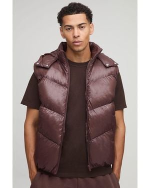 BoohooMAN Regular Fit Sheen Panelled Hooded Funnel Puffer Gilet - Brown