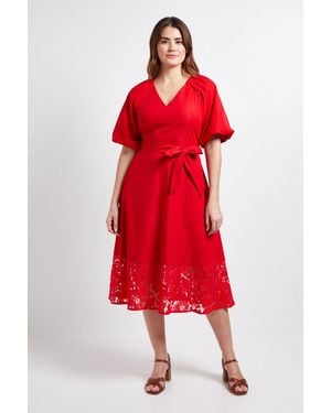 Wallis Puff Sleeve Lace Trim Midi Dress - Red