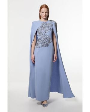 Karen Millen Petite Placed Floral Crystal Embellished Tailored Drama Cape Maxi Dress - Blue