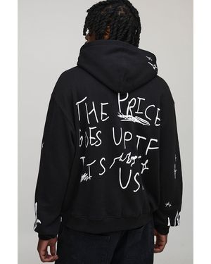BoohooMAN Tall Oversized Boxy Doodle Print Hoodie - Black
