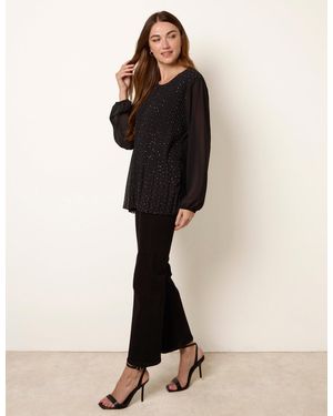 Blue Vanilla Rhinestone Pleated Chiffon Top - Black