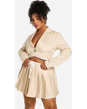 Boohoo Plus Contrast Binding Pleated Mini Skirt - Natural