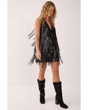 Nasty Gal Faux Leather Tassel Plunge Mini Dress - Black