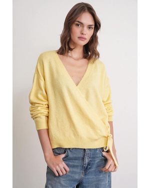 MixRay Geribde V-Hals Strik-Voorkant Cardigan - Geel