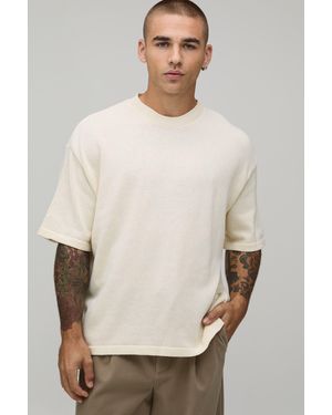 BoohooMAN Oversized Cotton Blend Knitted T-Shirt - Natural