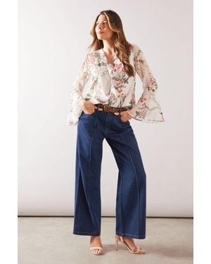 Wallis Floral Lace Trim Ruffle Blouse - Blue