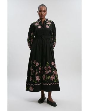 Karen Millen Plus Size Rose Embroidered Cotton Twill Woven Shirt Dress With Eyelets - Black