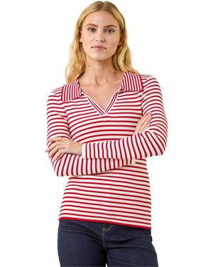 Roman Stripe Collar Peplum Knit Top - Red