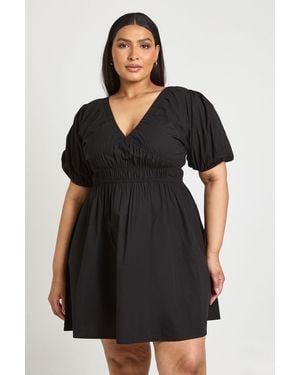 Boohoo Plus Puff Ball Sleeve Poplin Mini Dress - Black
