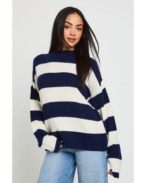 Boohoo Soft Knit Stripe Crew Neck Jumper - Blue